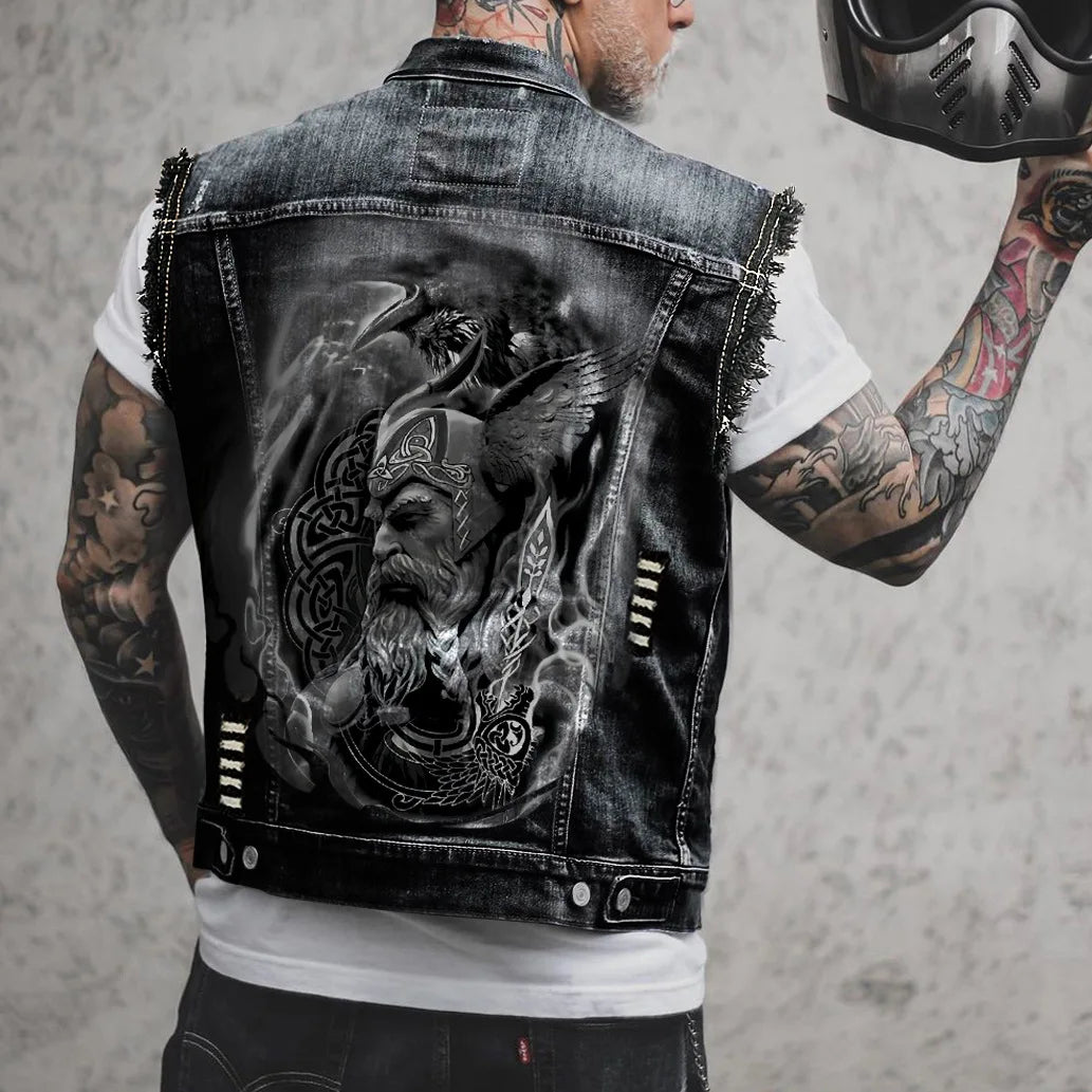 Gilet en jean homme imprimé aigle sans manches, vue de face - vue 11
