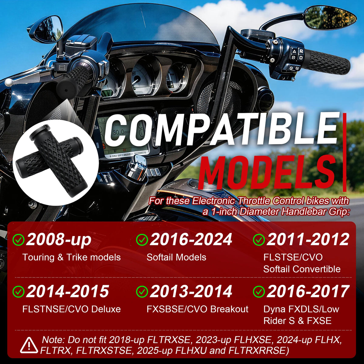 Poignées de Guidon Silicone 1 pouce - Harley-Davidson Touring/Trike 2008+, Softail 2016-2024, Low Rider S/FXSE 2016-2017 – photo 2/7