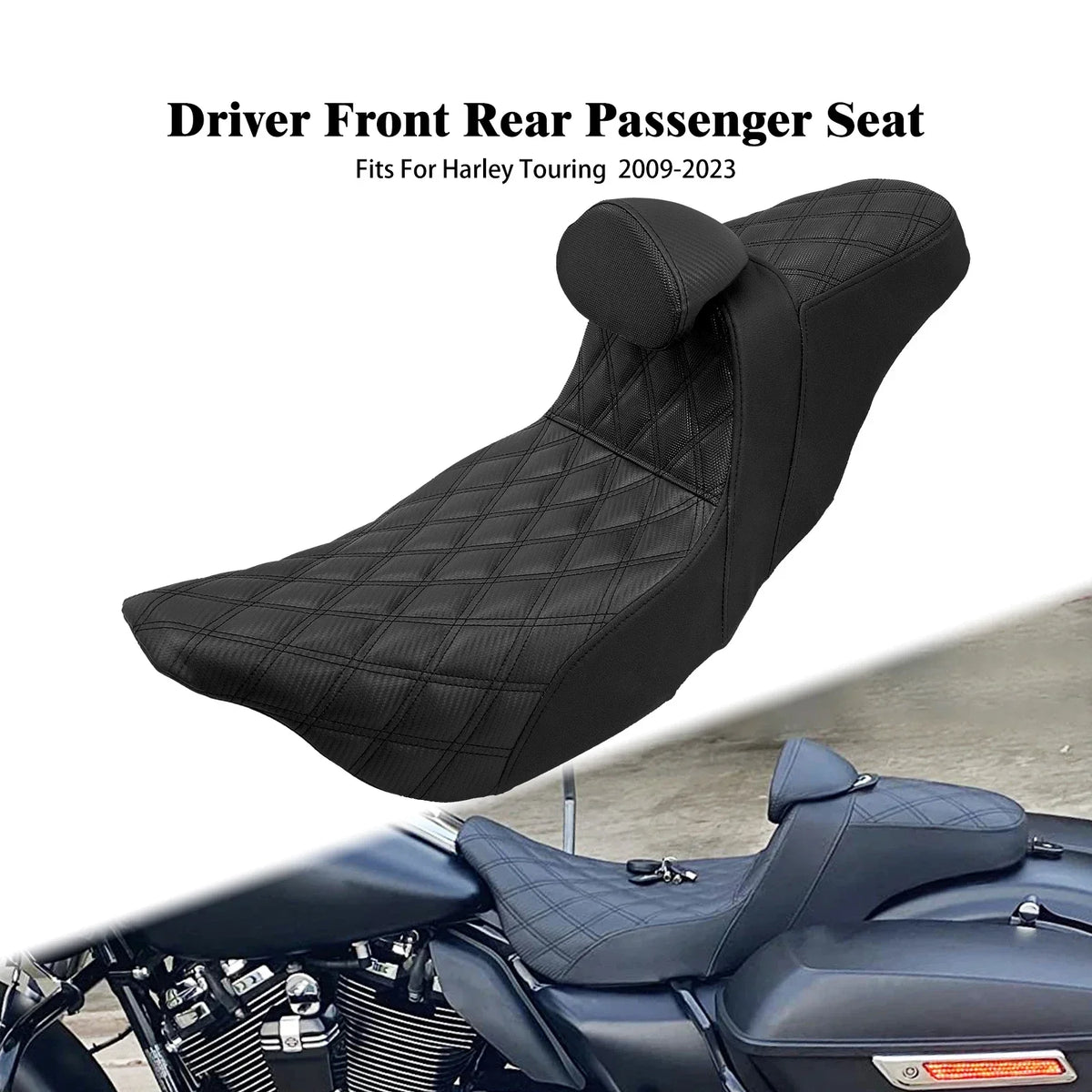 Selle biplace noire avec dossier pilote pour Harley-Davidson Road Glide - vue 1