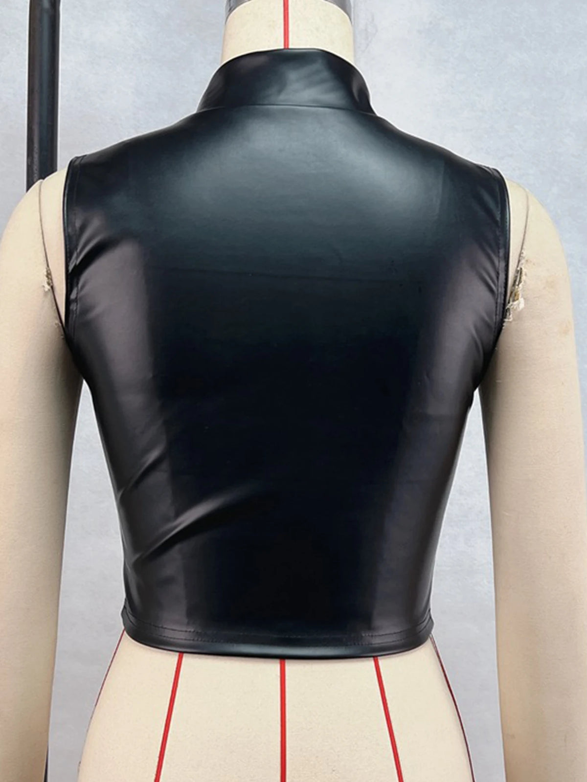 Crop Top Simili Cuir Noir à Zip, Style Gothique Streetwear - vue 2