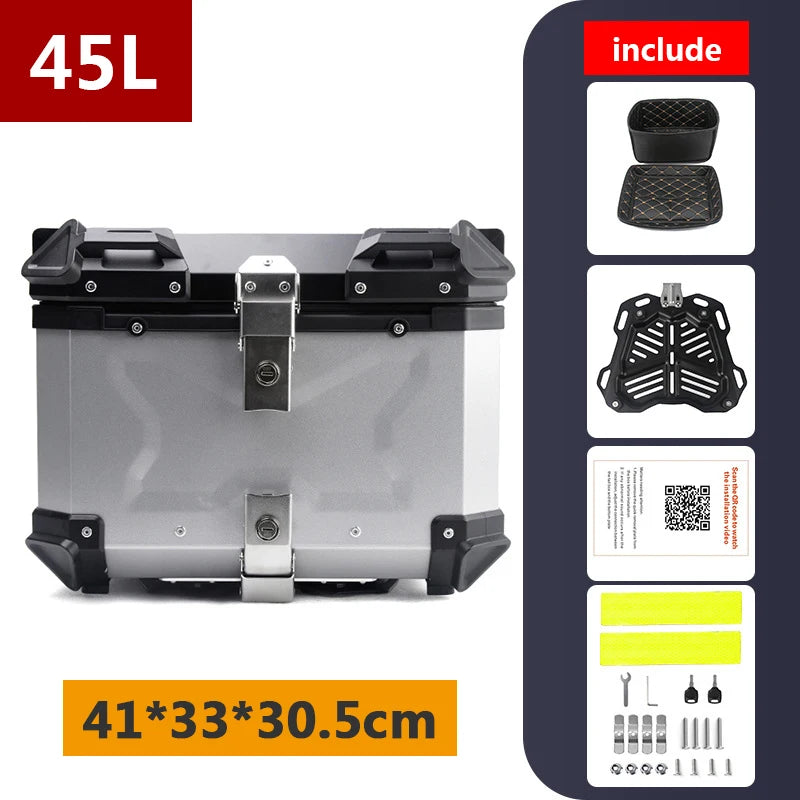 Top case moto en aluminium noir avec serrure, fixé sur un porte-bagages arrière - vue 17