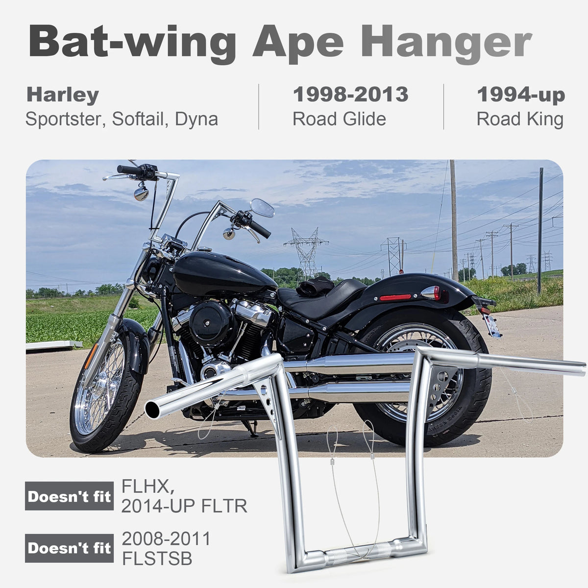 Guidon Ape Hanger 1,25 pouce (10/12/14 pouces de hauteur) - Harley-Davidson Sportster, Softail, Dyna, Road King et Road Glide – photo 2/12