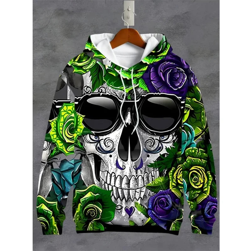 Sweat à Capuche Oversize Imprimé Tête de Mort 3D - vue 3