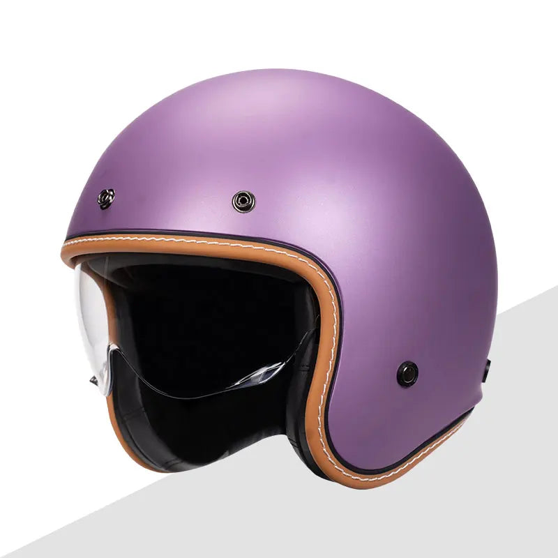 Casque moto jet rétro violet avec visière intégrée - vue 1