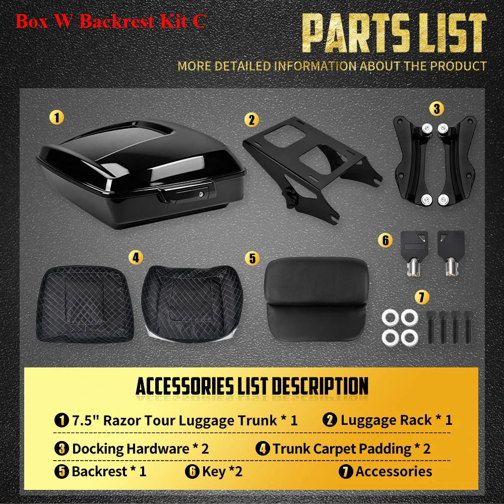 Kit Top Case Razor 7,5\" avec Dossier, Support et Fixation Rapide - Harley-Davidson Touring 2014-2025 – photo 8/12
