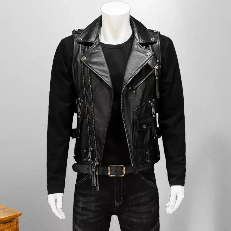 Gilet biker en cuir vintage brun-rouge - vue - vue 6