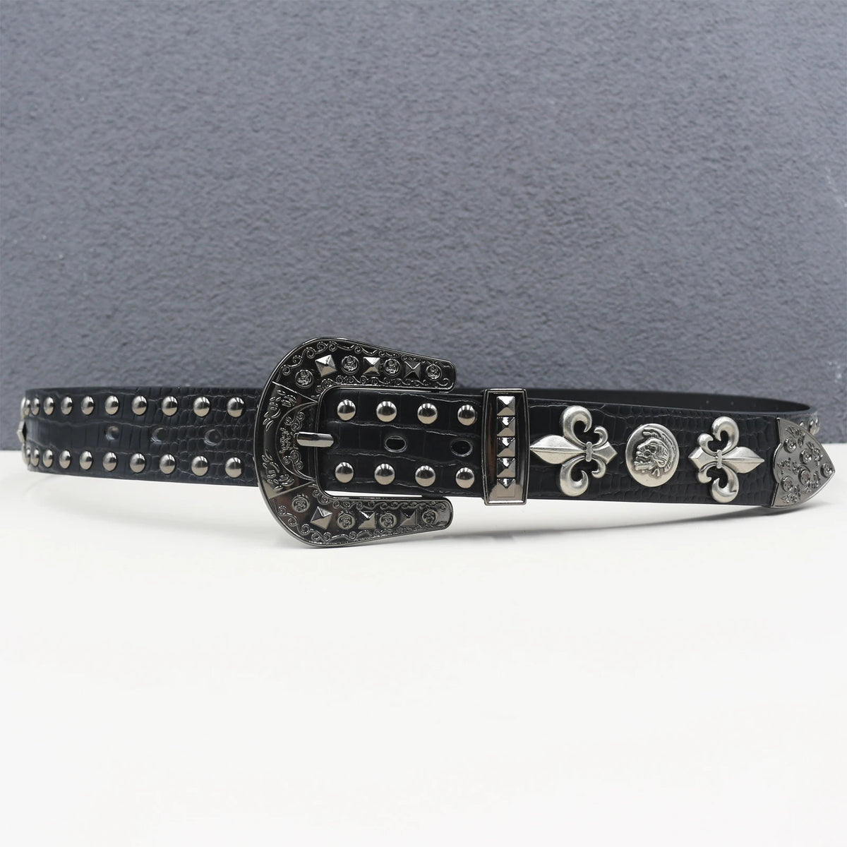 Ceinture en similicuir noir avec rivets métalliques et boucle punk - vue 2