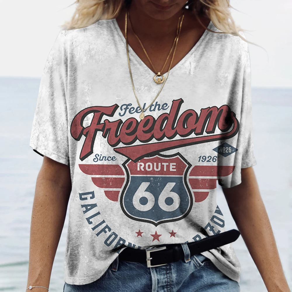 T-shirt Femme Col V Motif Route 66, Manches Courtes Oversize - vue 14