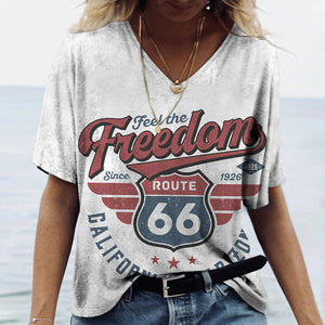 T-shirt Femme Col V Motif Route 66, Manches Courtes Oversize - vue 14