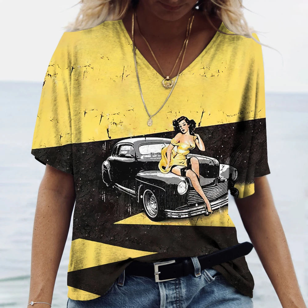 T-shirt Femme Col V Motif Route 66, Manches Courtes Oversize - vue 4