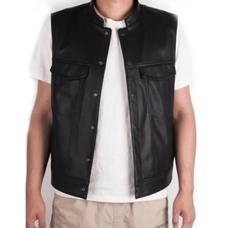 Gilet motard en simili cuir noir sans manches - vue - vue 3