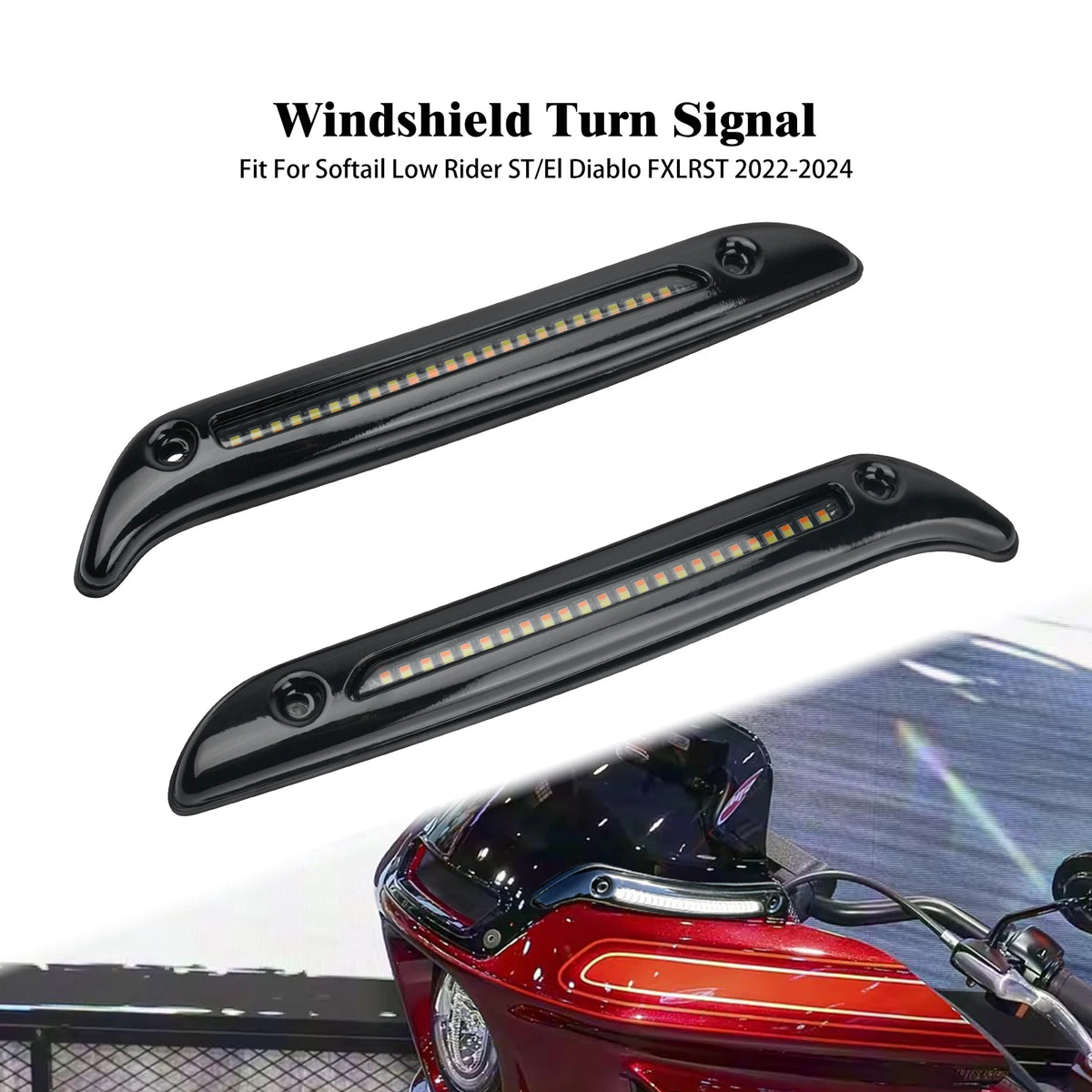 Feux LED noirs de clignotant fixés au pare-brise d'une Harley-Davidson Softail - vue 1