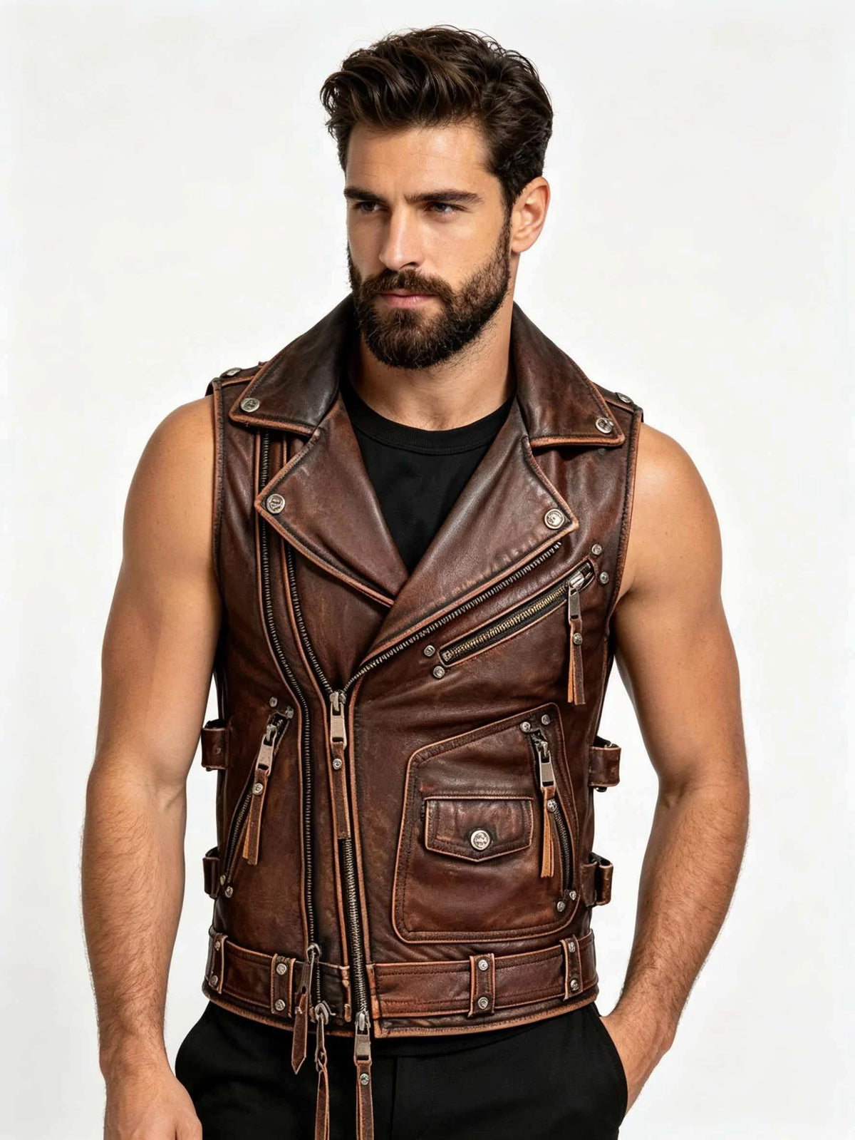 Gilet biker en cuir vintage brun-rouge - vue - vue 1