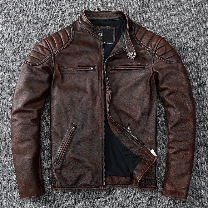 Blouson moto cuir véritable col montant - vue - vue 7