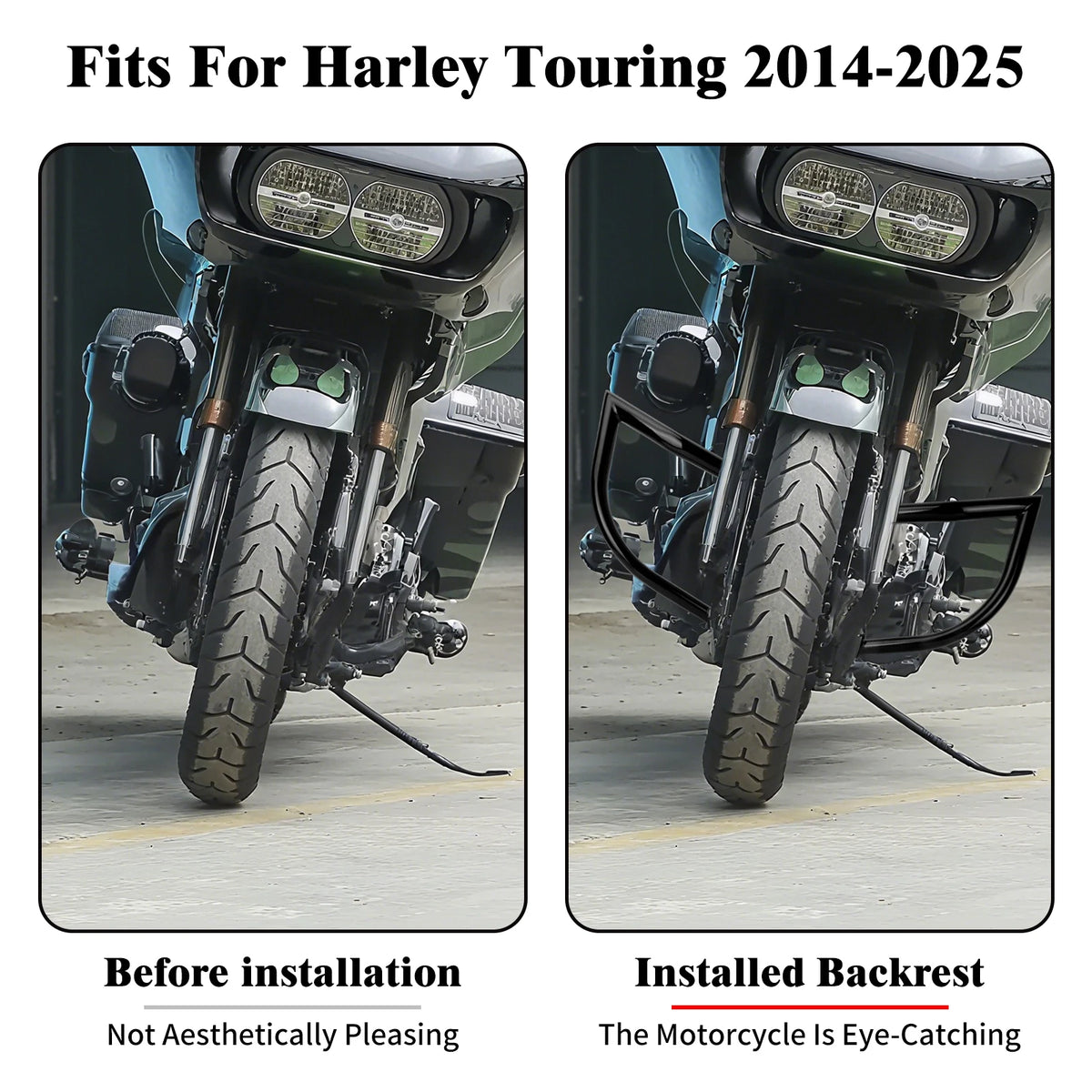 Barre de protection moteur noire montée sur une Harley-Davidson Touring - vue 3
