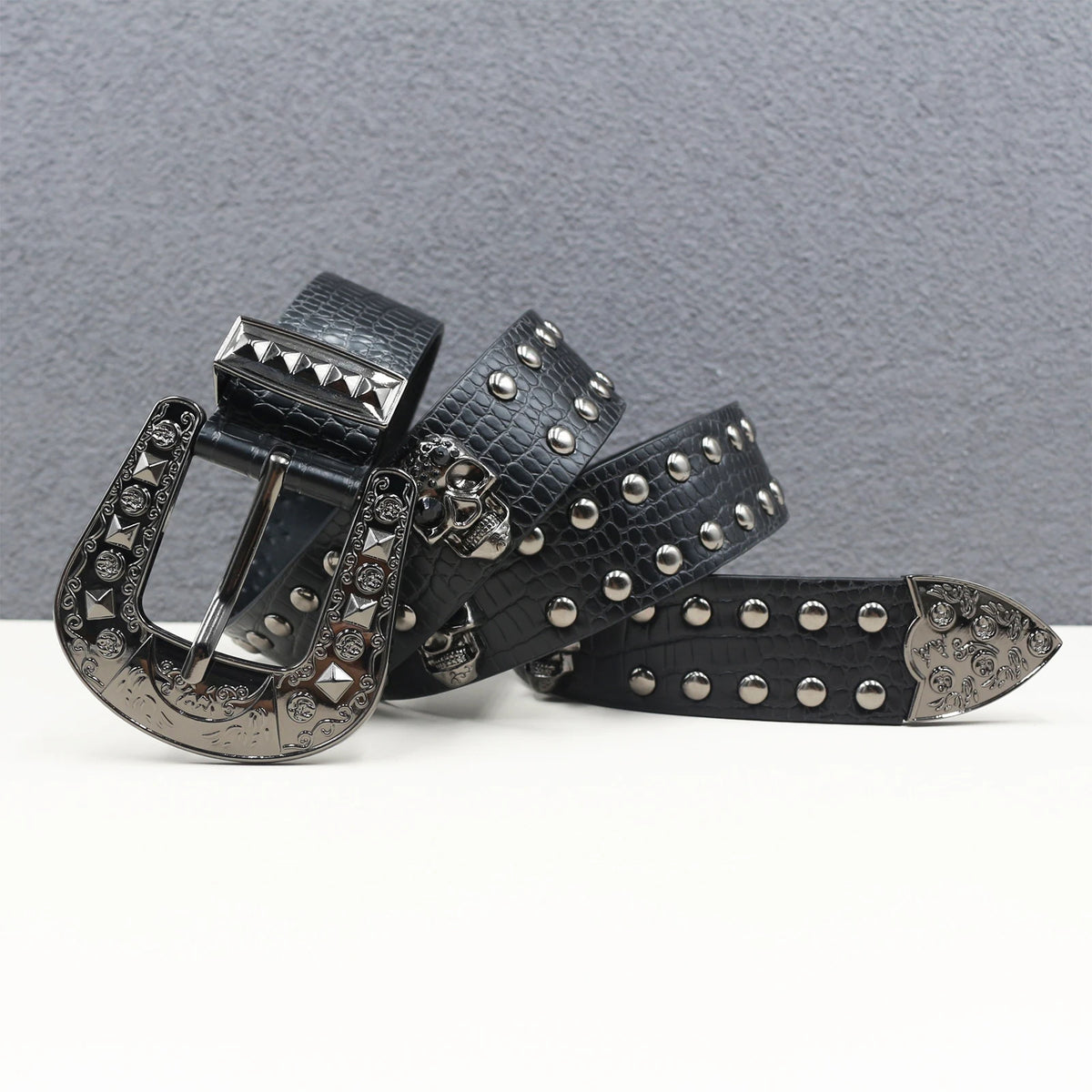 Ceinture en similicuir noir avec rivets métalliques et boucle punk - vue 8