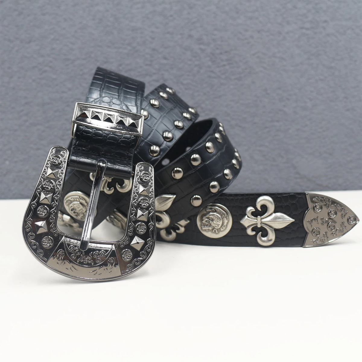 Ceinture en similicuir noir avec rivets métalliques et boucle punk - vue 5