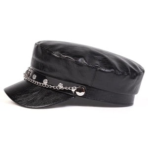 Béret noir en simili cuir boucle ancre - vue de face - vue 3
