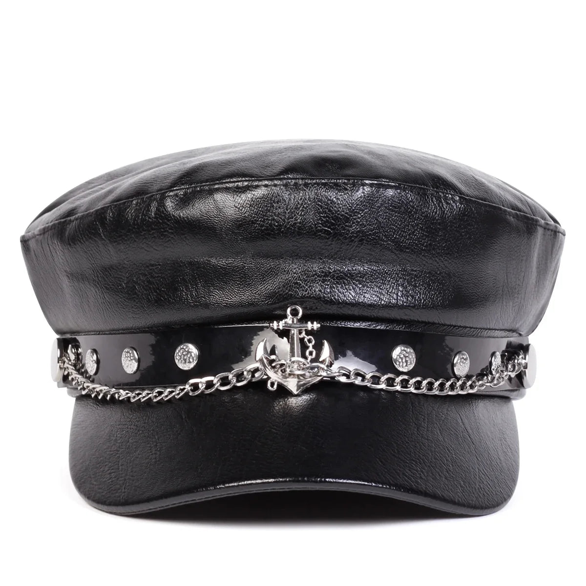 Béret noir en simili cuir boucle ancre - vue de face - vue 4