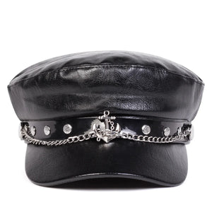 Béret noir en simili cuir boucle ancre - vue de face - vue 4
