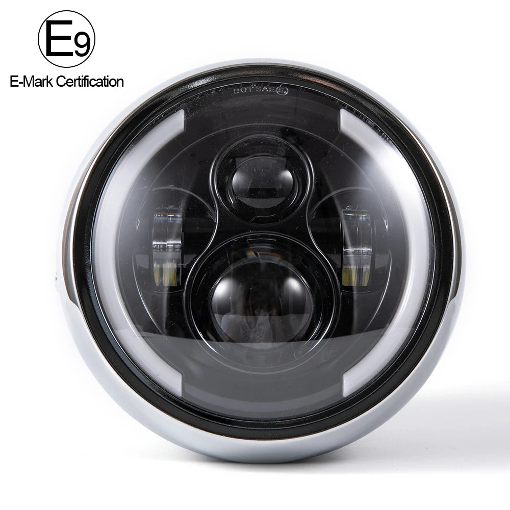 Phare LED rond avec anneau lumineux blanc pour moto café racer - vue 2