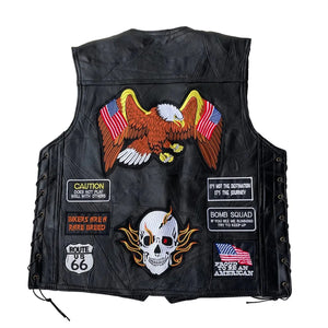 Gilet biker en cuir noir brodé de patchs - vue - vue 4