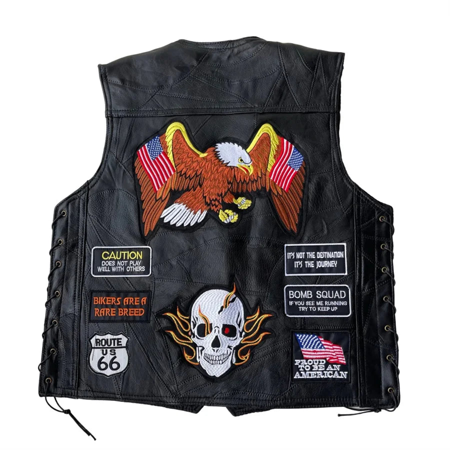 Gilet biker en cuir noir brodé de patchs - vue - vue 4