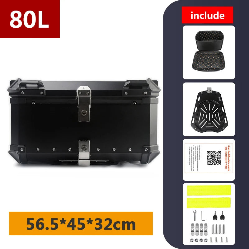 Top case moto en aluminium noir avec serrure, fixé sur un porte-bagages arrière - vue 10
