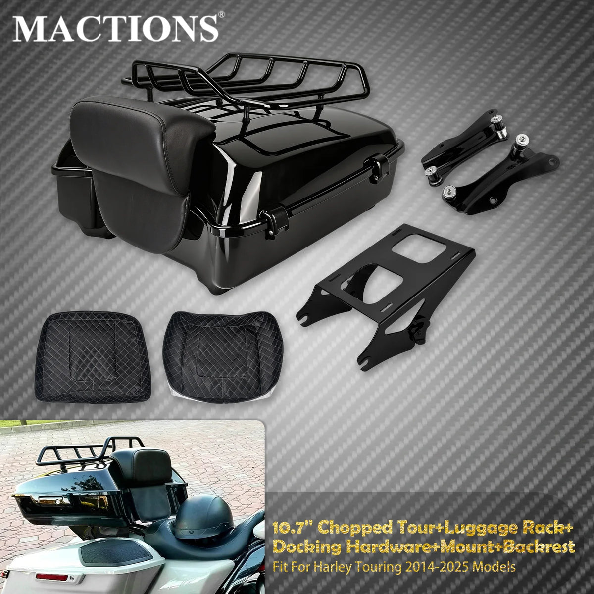 Top Case Chopped Tour Trunk 10,7" avec Porte-Bagages et Dossier - Harley-Davidson Touring 2014-2025 – photo 1/7