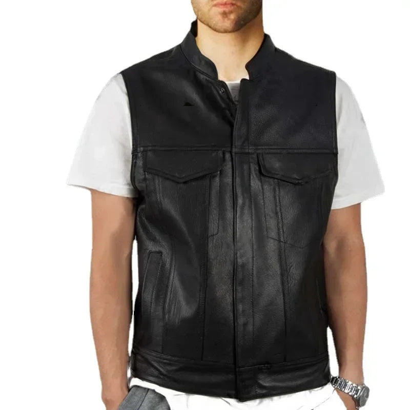 Gilet motard en cuir PU col montant - vue - vue 1