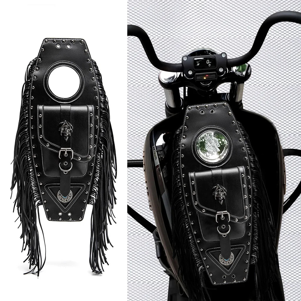 Sacoche de réservoir vintage noire sur une moto cruiser - vue 1