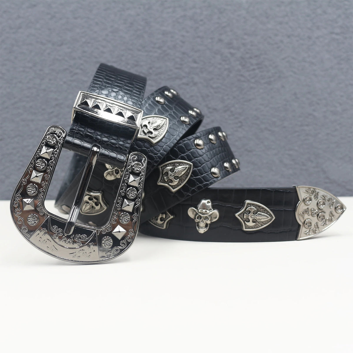 Ceinture en similicuir noir avec rivets métalliques et boucle punk - vue 16