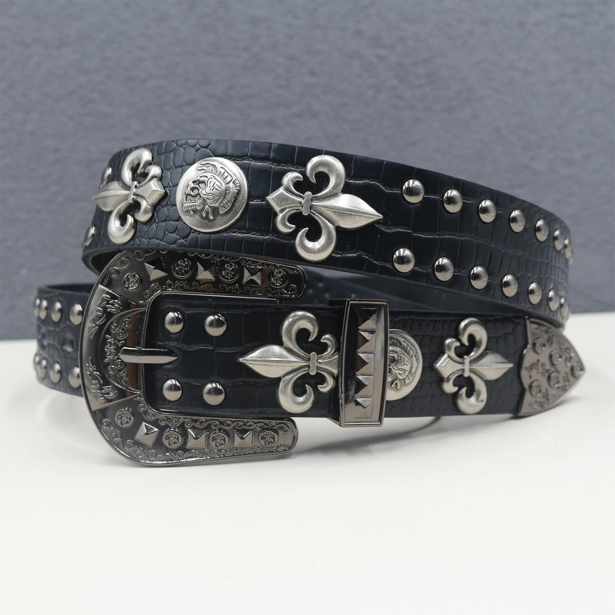 Ceinture en similicuir noir avec rivets métalliques et boucle punk - vue 1