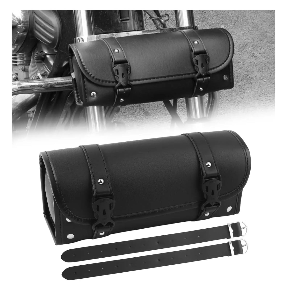 Sacoche de guidon en cuir noir avec serrure à combinaison, fixée sur une moto - vue 1