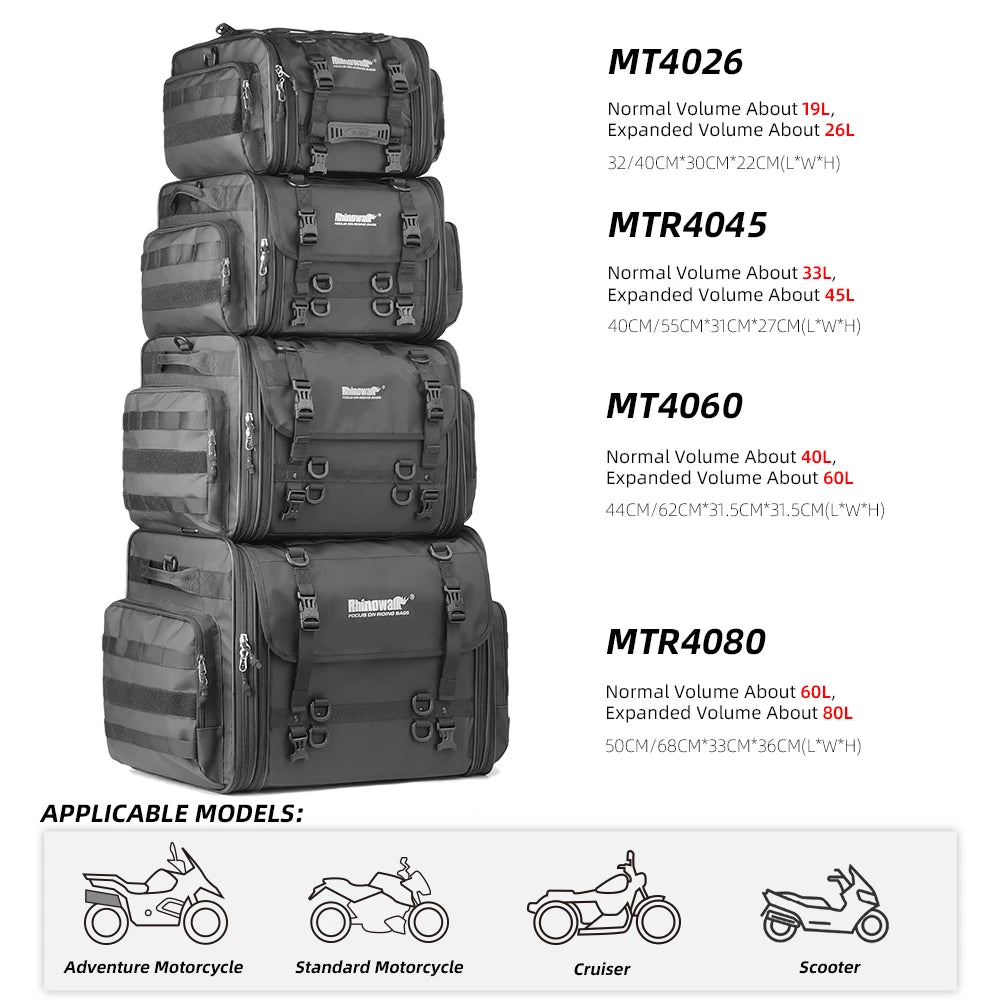 Sac de coffre arrière moto Rhinowalk noir, extensible, monté sur porte-bagages - vue 3