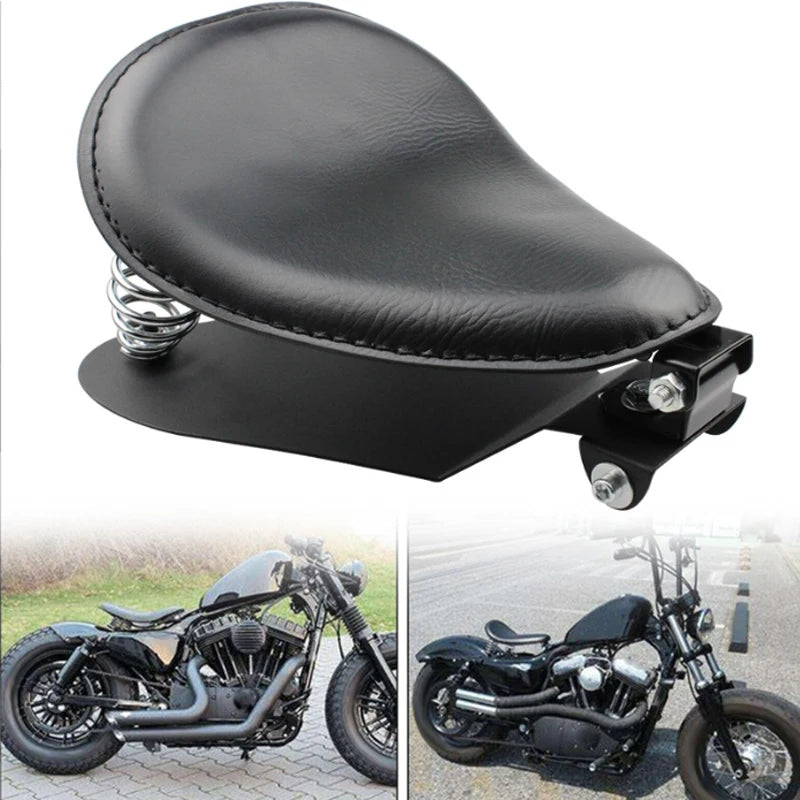 Selle solo à ressorts en cuir noir style bobber pour Harley-Davidson Sportster / Dyna / Softail (custom)