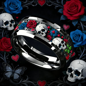 Bague en acier inoxydable tête de mort et rose - vue 4