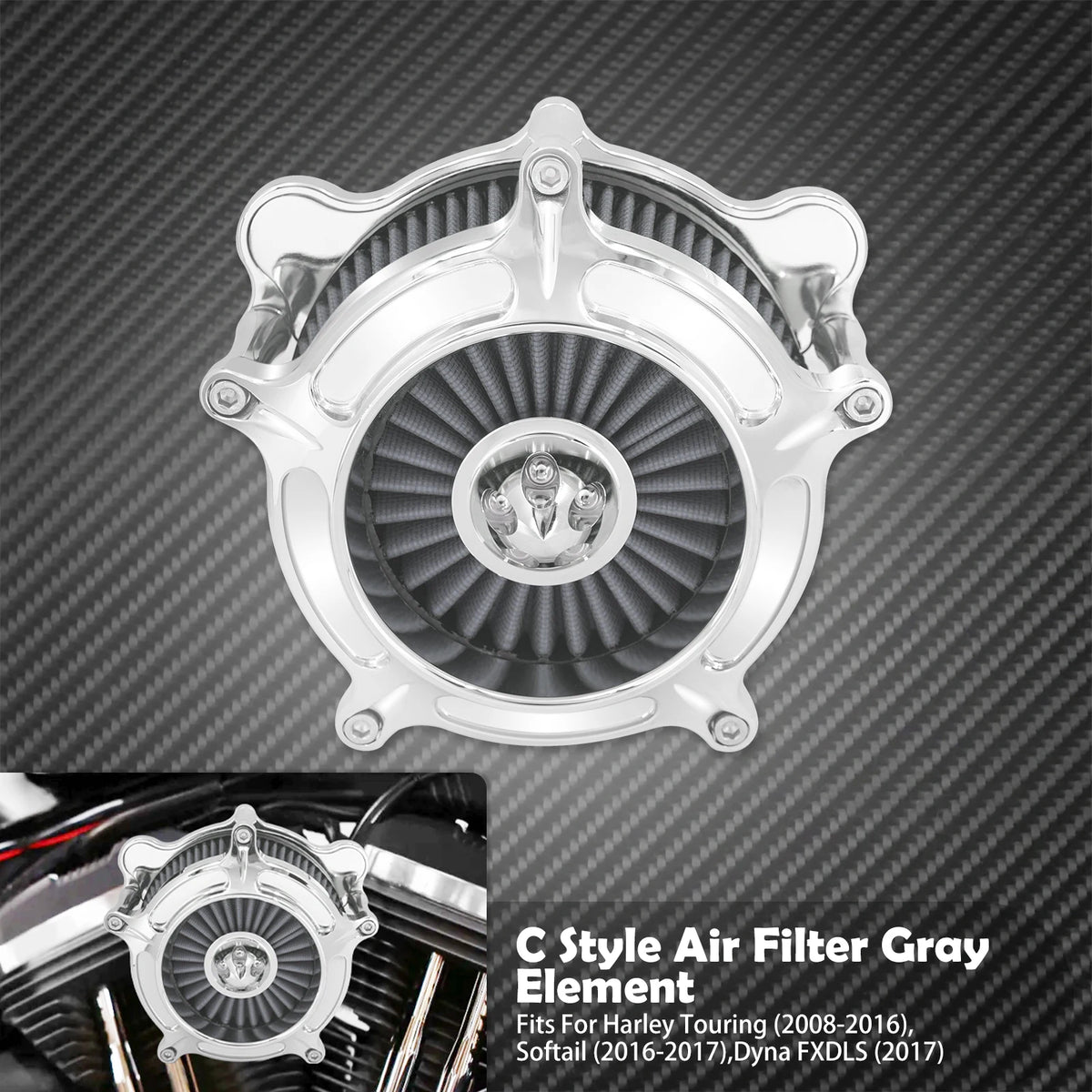 Filtre à air chromé élément gris - Harley Touring, Sportster XL, Dyna, Softail – photo 9/10