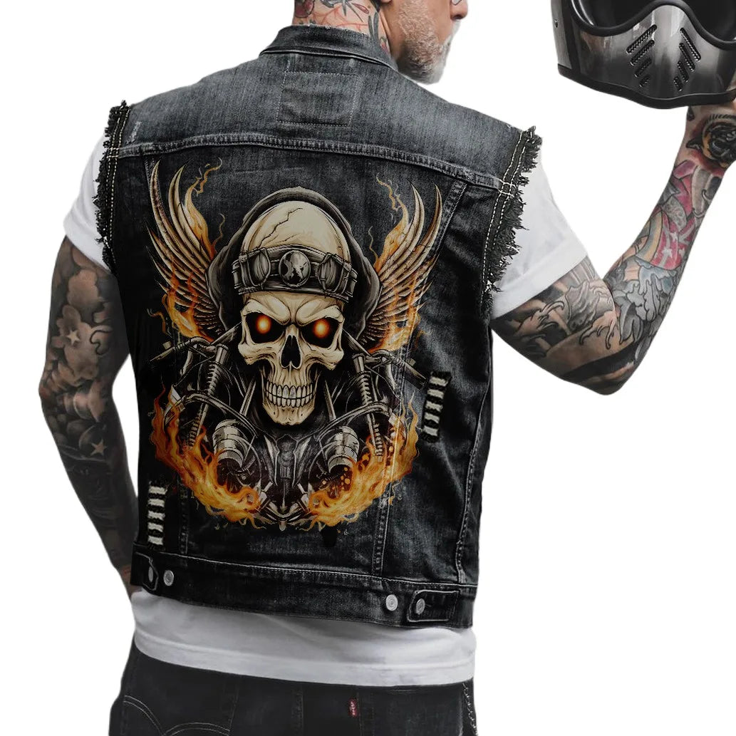Gilet en jean homme imprimé tête de mort, vue de face - vue 1