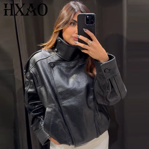 Blouson bomber noir en simili cuir pour femme - vue de face - vue 1