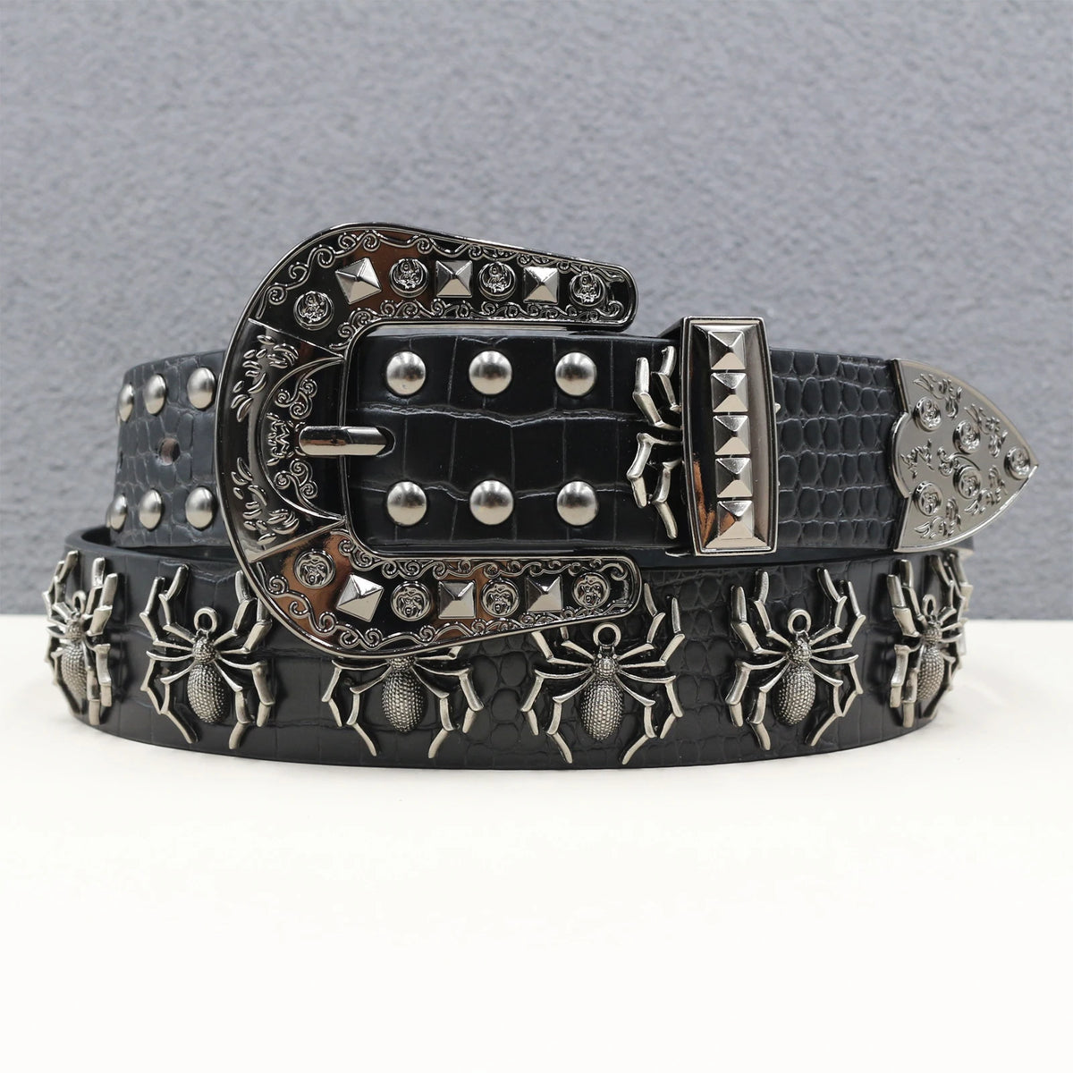 Ceinture en similicuir noir avec rivets métalliques et boucle punk - vue 12