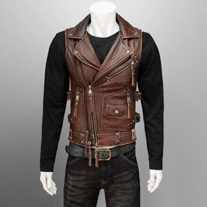 Gilet biker en cuir vintage brun-rouge - vue - vue 3