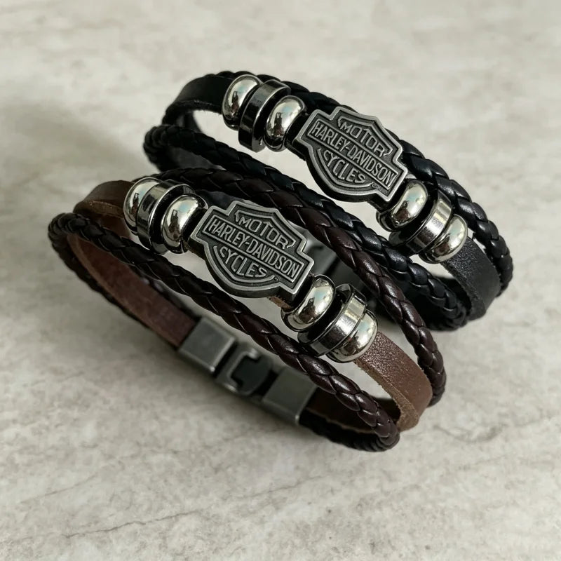 Bracelet en cuir tressé marron style biker vintage - vue 4