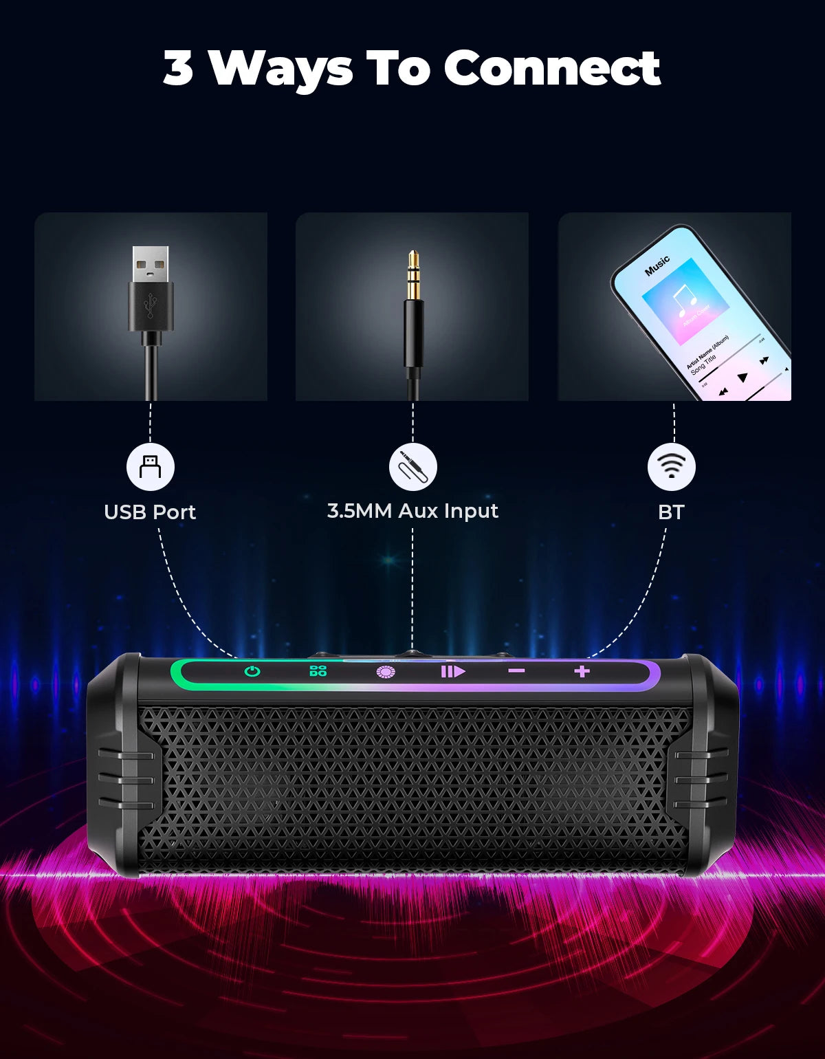 Haut-parleur moto étanche avec lecteur audio USB/AUX et éclairage LED d'ambiance - support 360° universel - vue 4