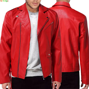 Veste biker homme en simili cuir rouge et noir, vue de face - vue 1