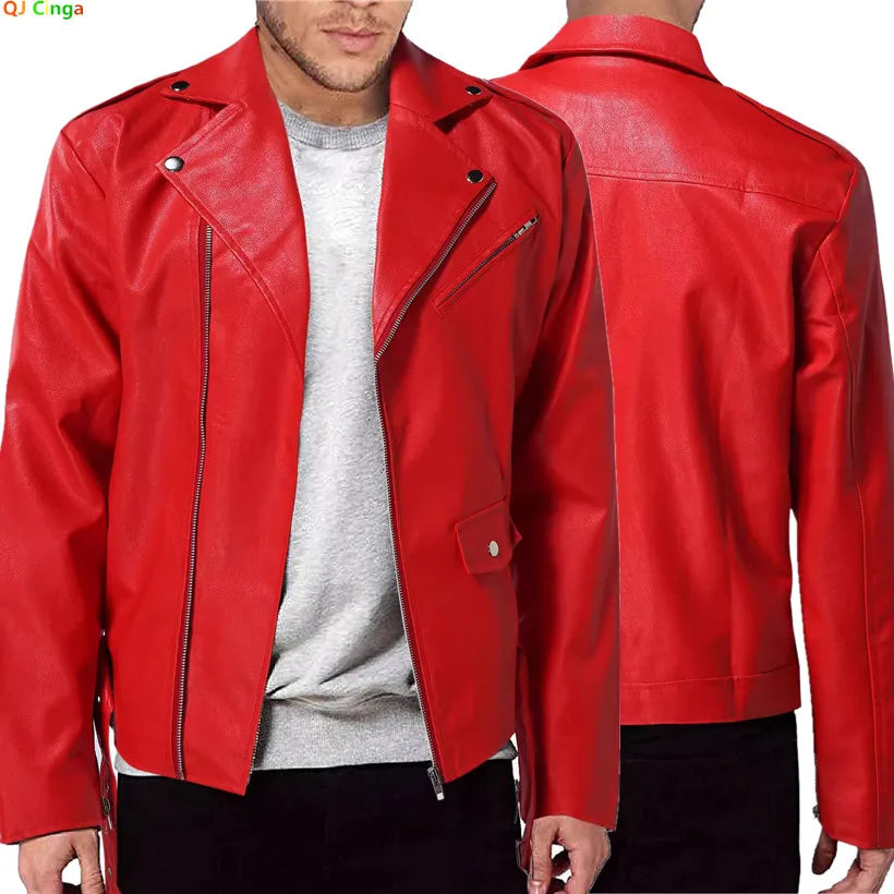 Veste biker homme en simili cuir rouge et noir, vue de face - vue 1