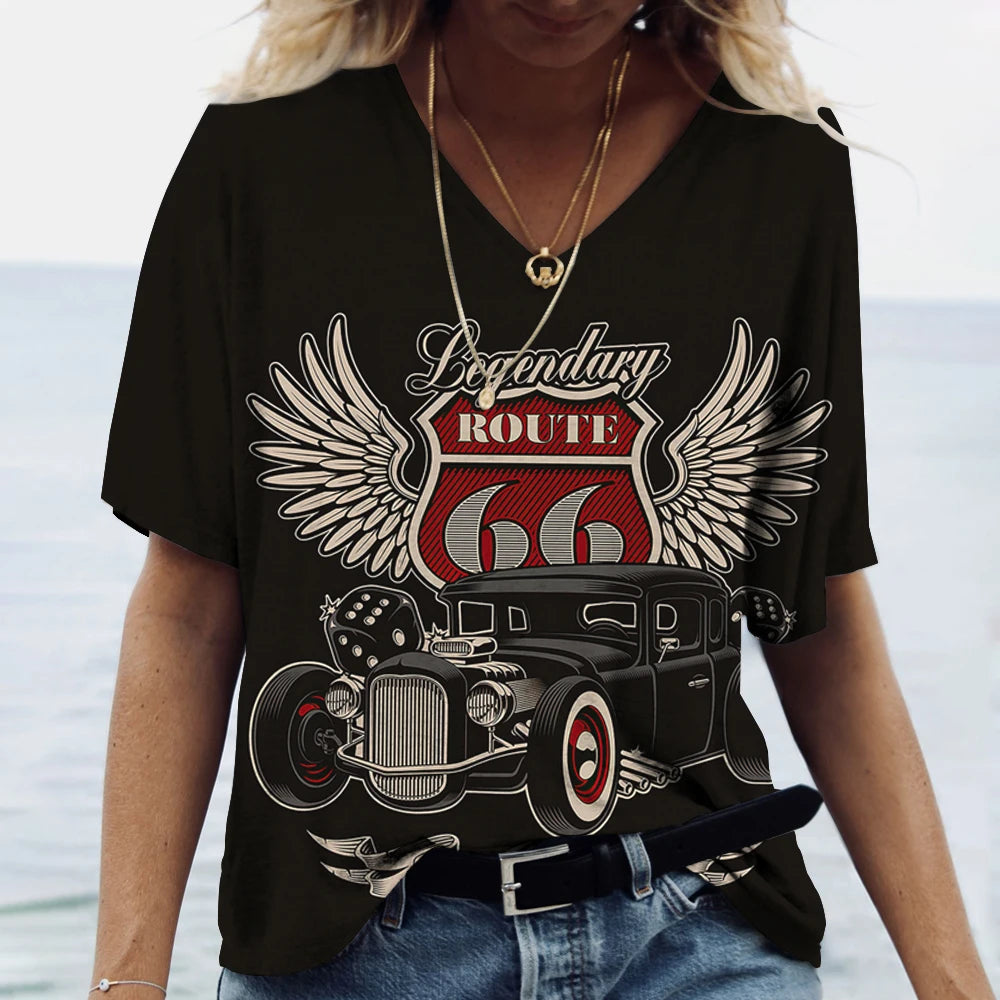 T-shirt Femme Col V Motif Route 66, Manches Courtes Oversize - vue 10