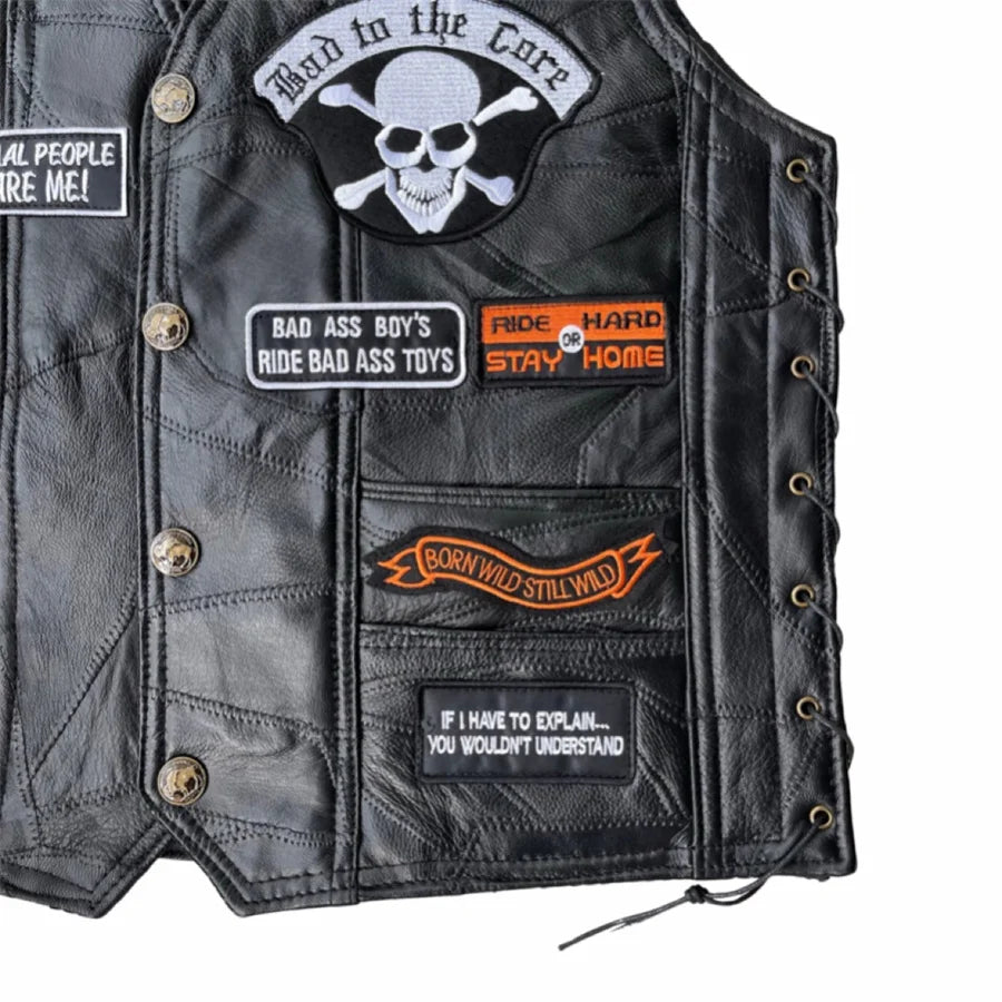 Gilet biker en cuir noir brodé de patchs - vue - vue 5