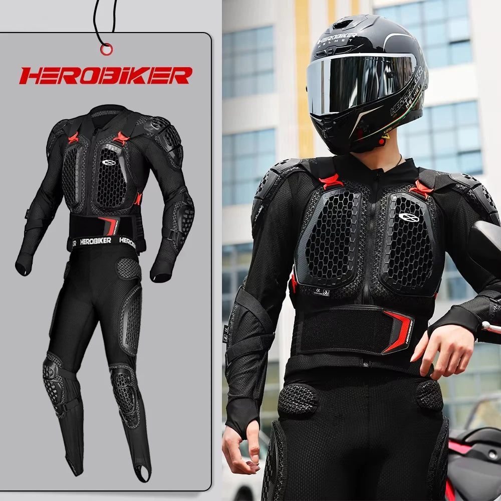 Ensemble blouson et pantalon moto noir et rouge avec protections - vue de face - vue 1