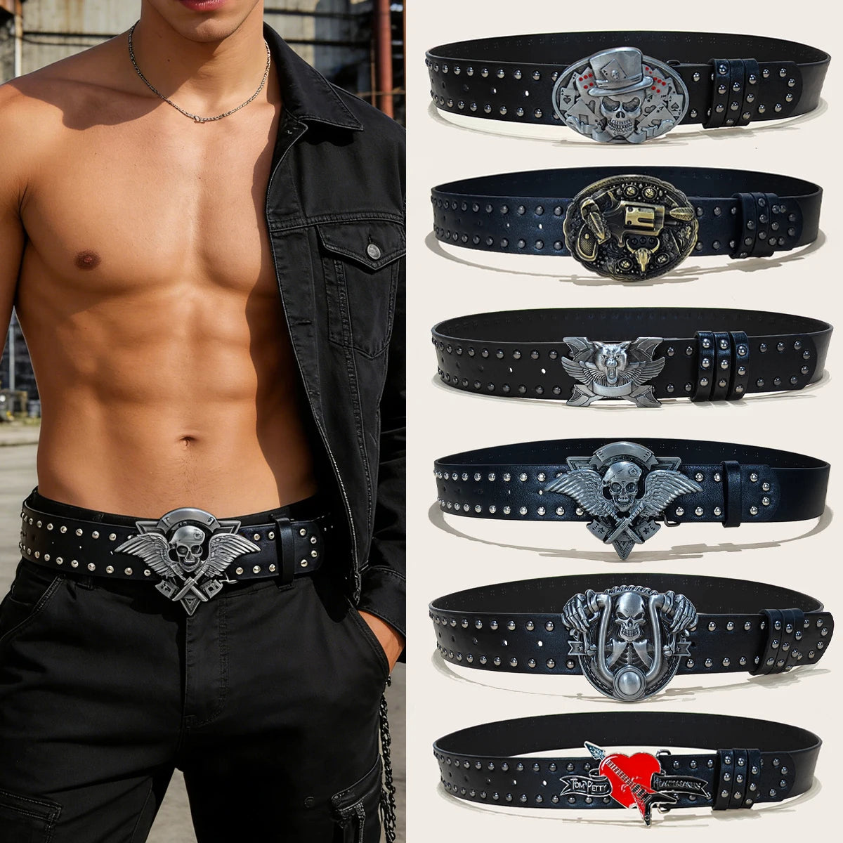 Ceinture cloutée grande taille simili cuir noir punk - vue 1